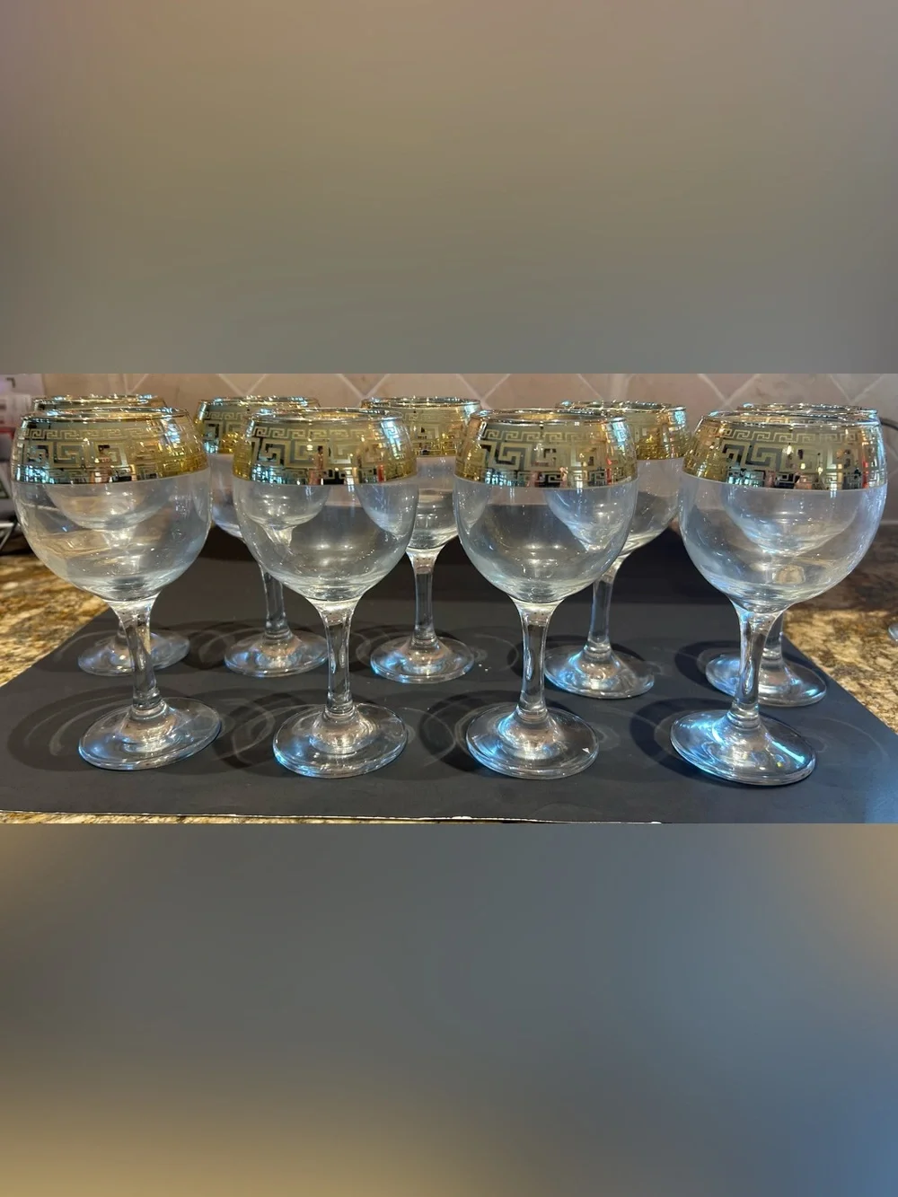8 Vintage Gold Rimmed Greek Key Wine Goblets Glasses- Lead Free Glasses.